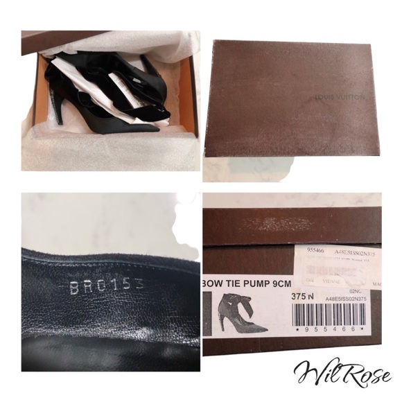 LOUIS VUITTON Black Satin Pointy Toe Velvet Bow Tie Nior Pumps Crystal Heels - Picture 14 of 17
